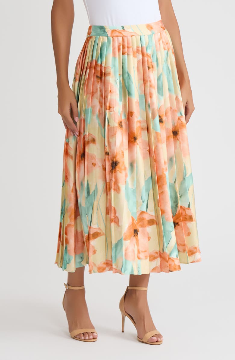 Misook Floral Pleated Crepe de Chine Maxi Skirt, Alternate, color, Sunglow/Mystic Green