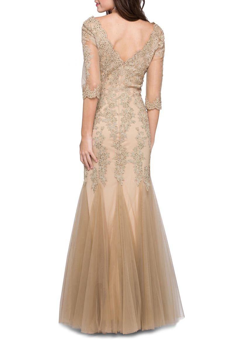 Godet Lace & Chiffon Trumpet Gown, Alternate, color, LATTE