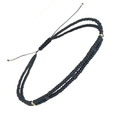 Double Strand Black Micro Bead Wax Pull Cord Sterling Silver Bracelet