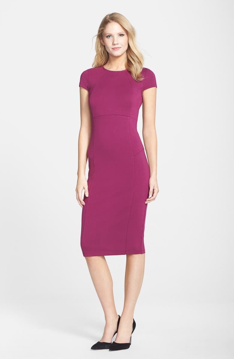 Felicity & Coco CAP SLEEVE PONTE SHEATH MIDI DRESS, Alternate, color, Magenta Purple