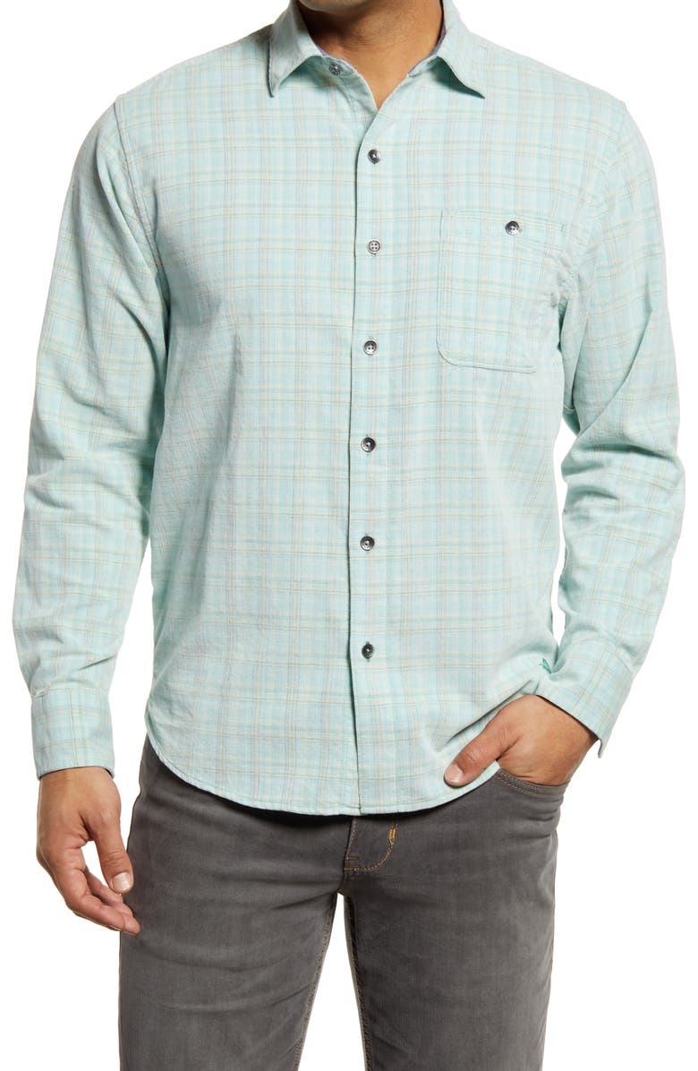 Tommy Bahama Coastline Corduroy Harbor Plaid Cotton Button-Up Shirt, Main, color, Malibu