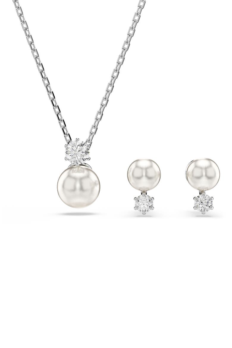 Matrix Crystal Pearl Necklace & Stud Earrings Set, Main, color, WHITE