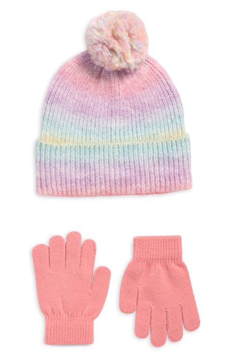 Kids' Rainbow Beanie with Pompom & Knit Gloves Set