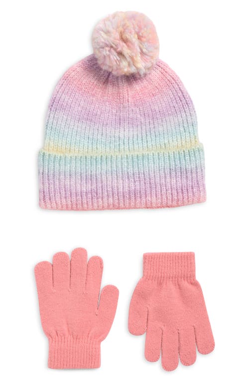 Ruby & Ry Kids' Rainbow Beanie with Pompom & Knit Gloves Set in Pink Multi 