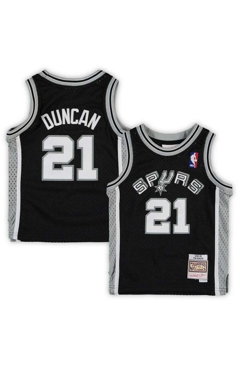 Mitchell & Ness Preschool Mitchell & Ness Tim Duncan Black San Antonio Spurs 1998/99 Hardwood Classics Throwback Team Jersey, Main, color,