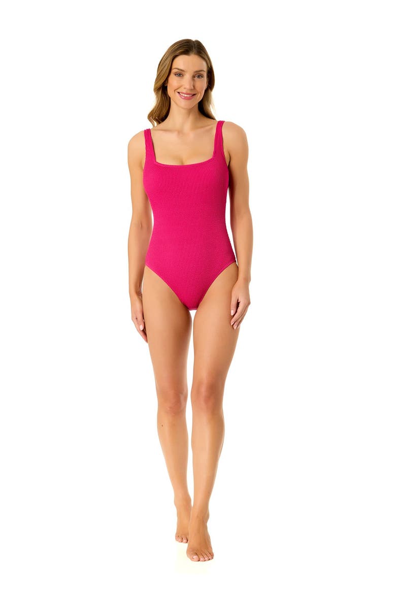 Women's Textured Classic Square Neck One Piece Swimsuit, Alternate, color, Fandango Pink