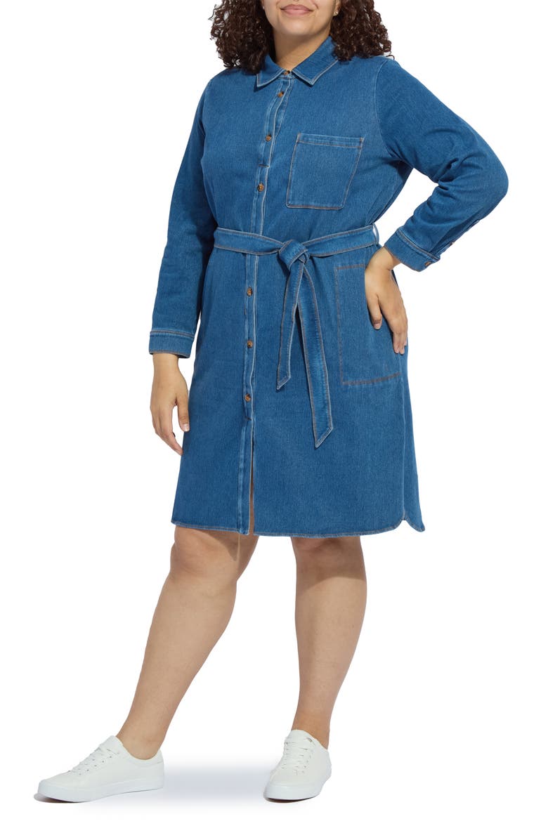 Lysse Schiffer Belted Long Sleeve Denim Shirtdress, Main, color, Mid Wash