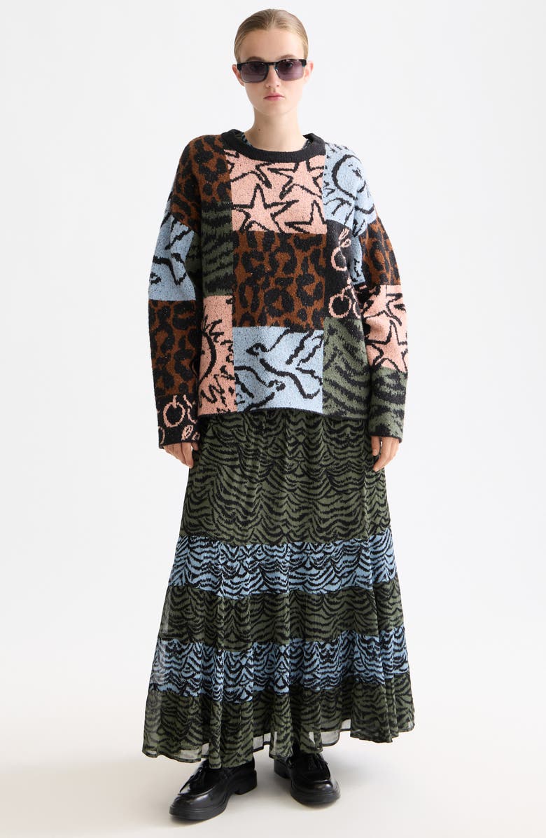 Scotch & Soda Oversize Jacquard Pullover Sweater, Alternate, color, Leopard Patchwork Jacquard