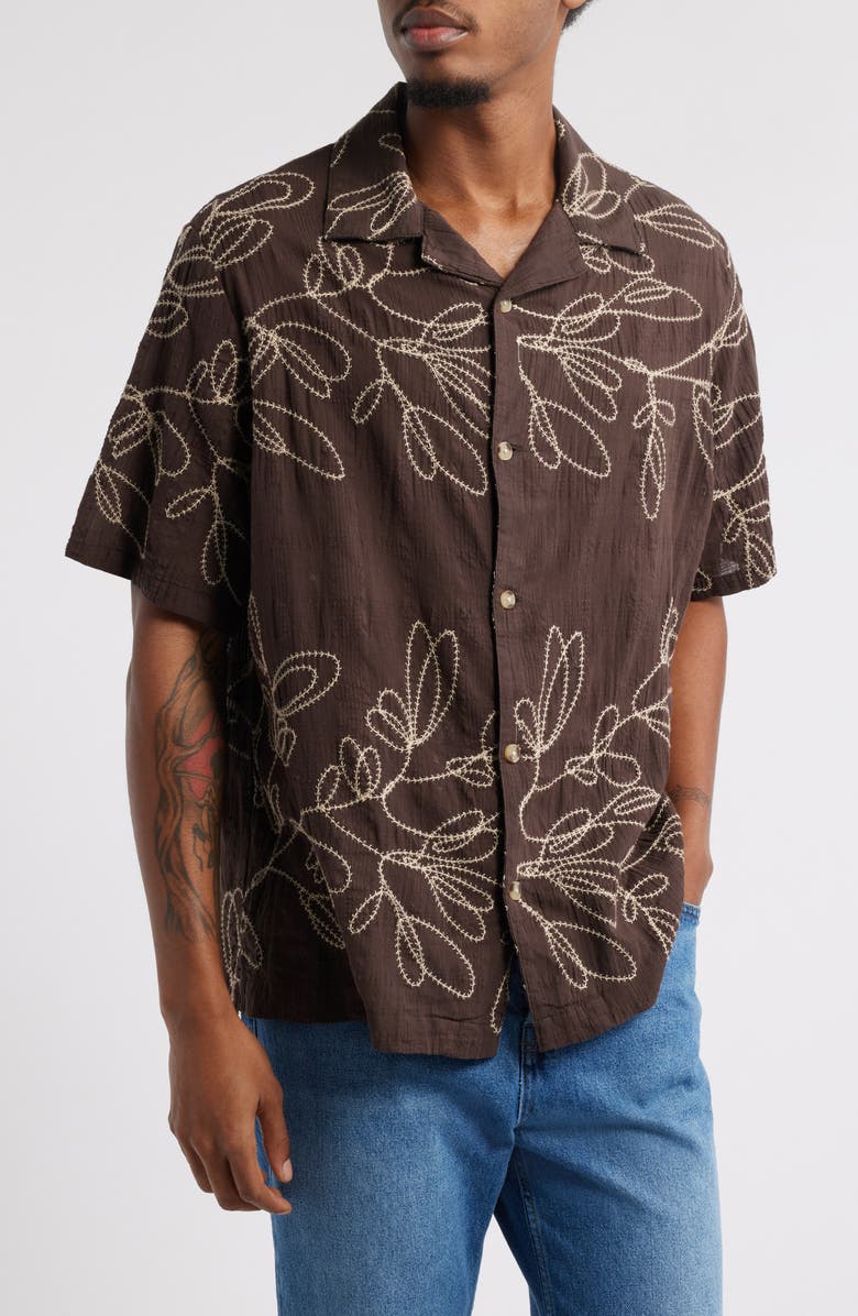 BDG Urban Outfitters Embroidered Cotton Seersucker Camp Shirt, Main, color, 