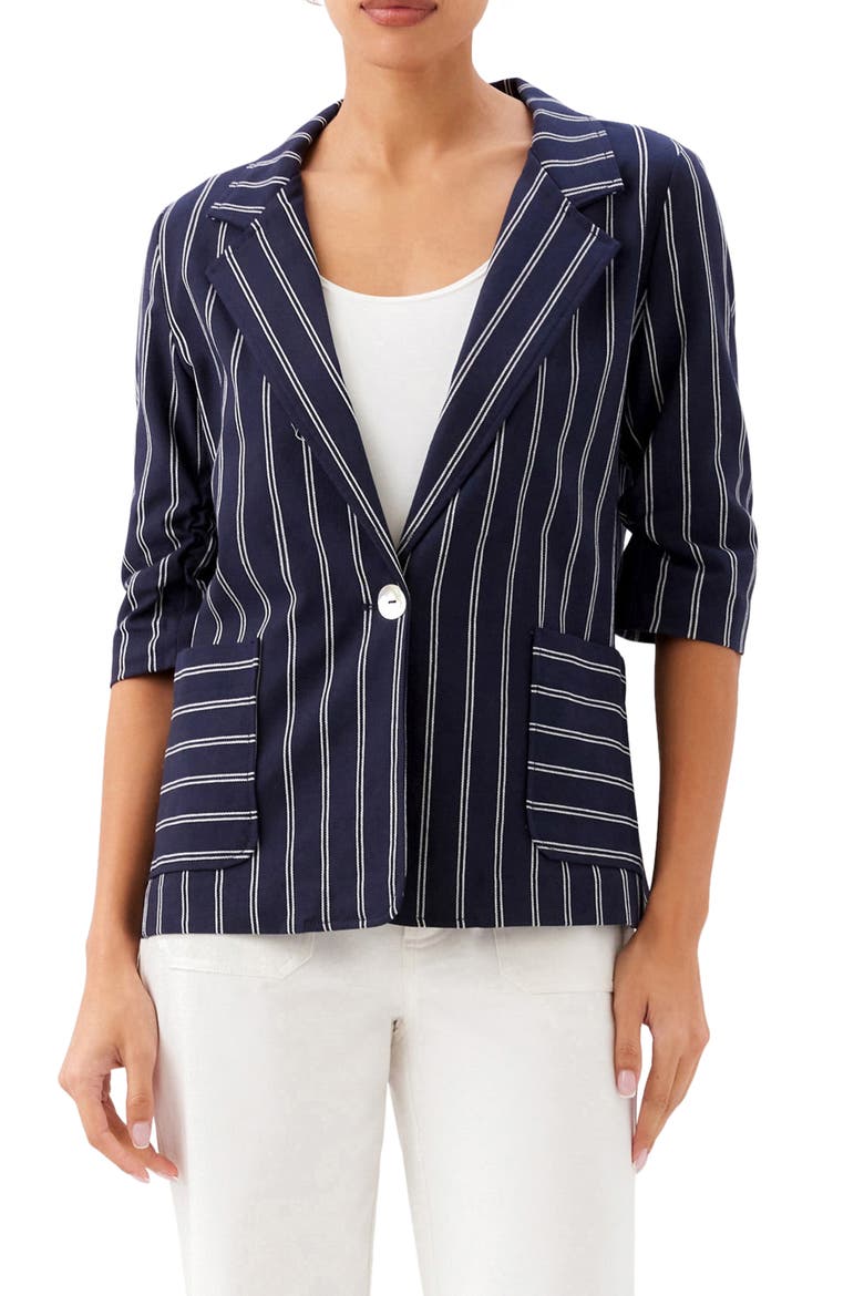 Stripe Ruched Sleeve Stretch Cotton Jacket, Main, color, NAVY
