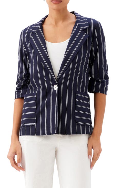 Stripe Ruched Sleeve Stretch Cotton Jacket