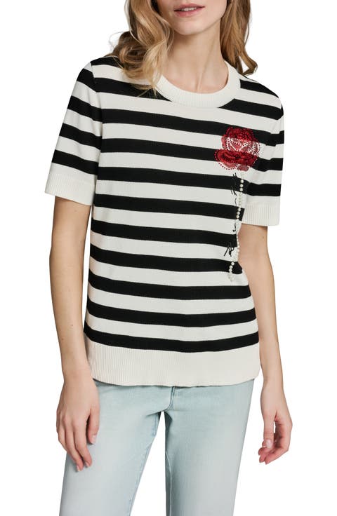 Bead & Faux Pearl Rose Detail Stripe Sweater