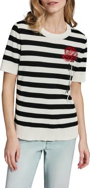 KARL LAGERFELD PARIS Bead & Faux Pearl Rose Detail Stripe Sweater