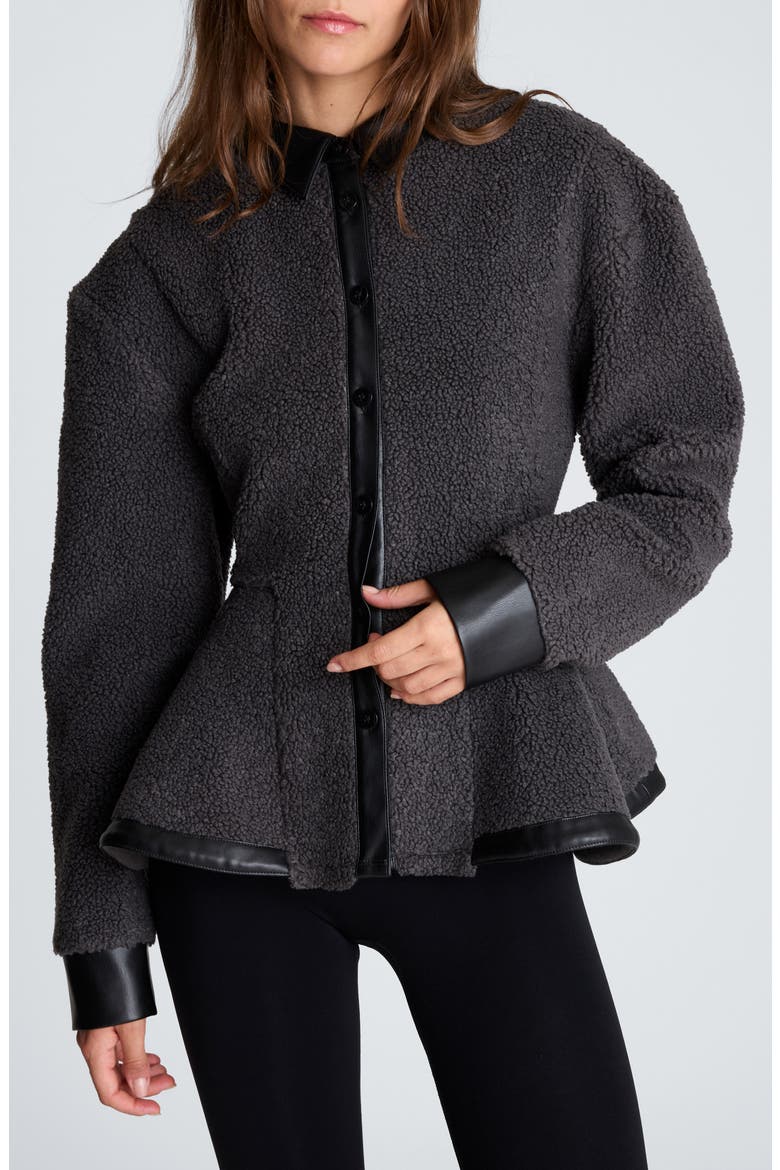 Faux Leather Trim Faux Fur Peplum Shirt, Main, color, SOLID GRAPHITE/ BLACK