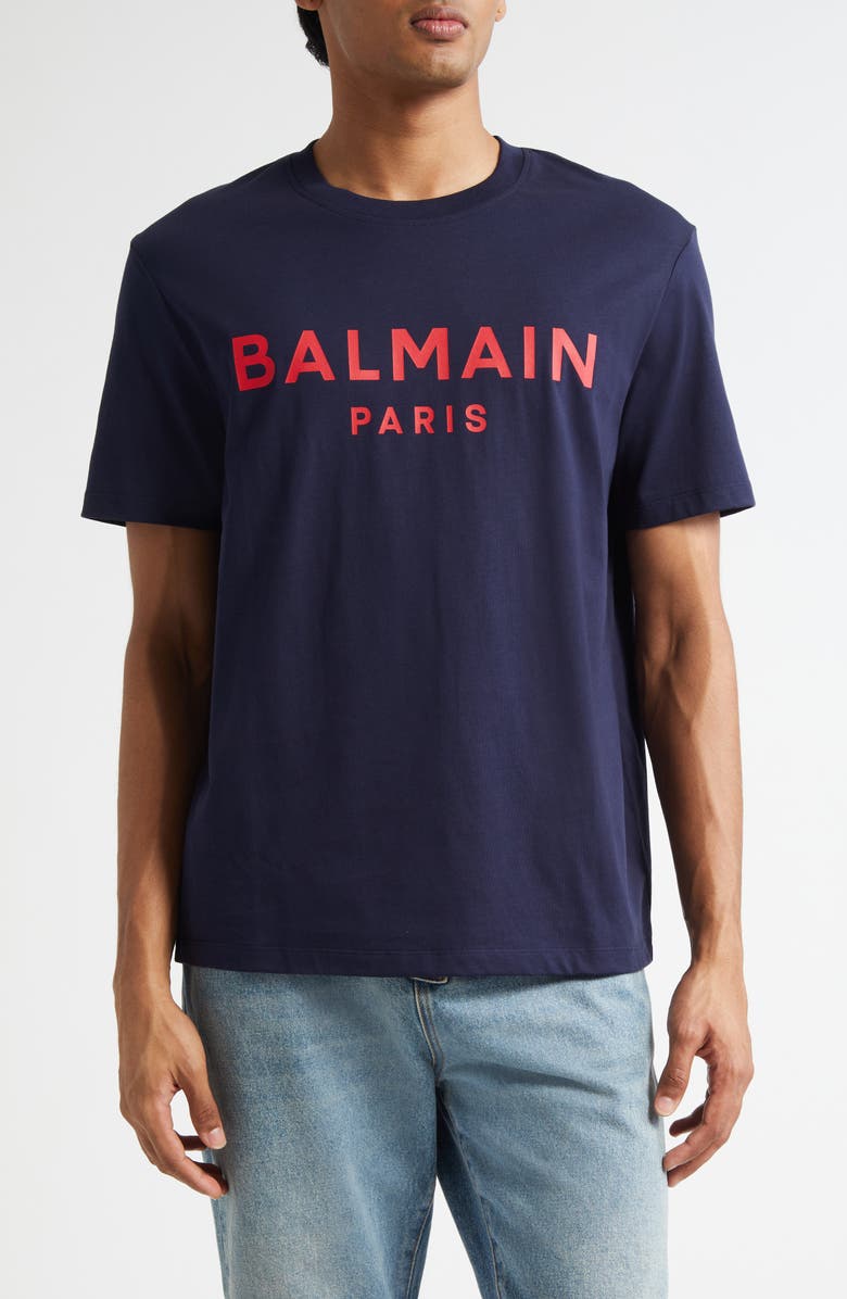 Balmain Regular Fit Logo Graphic T-Shirt, Main, color, Navy/ Red