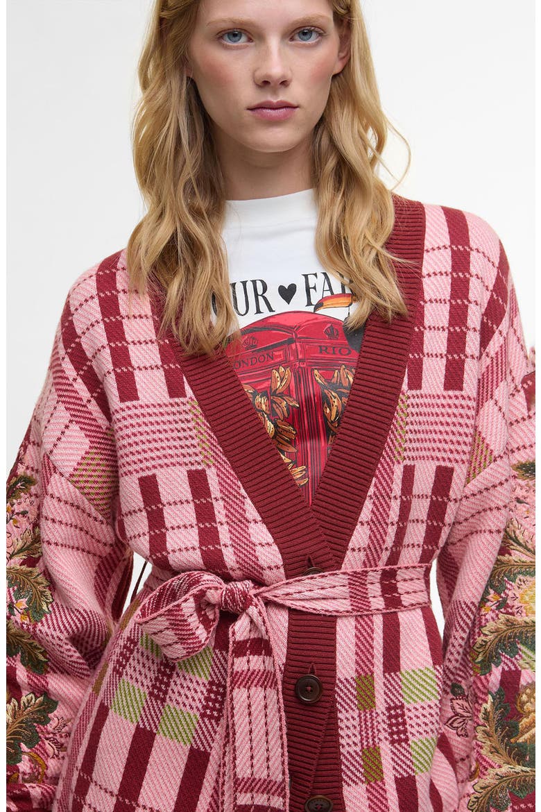 x Farm Rio Luisa Long Belted Cardigan, Alternate, color, PINK TARTAN