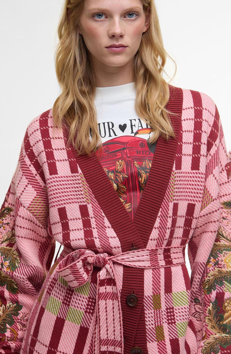 Barbour x Farm Rio Luisa Long Belted Cardigan, Alternate, color, Pink Tartan