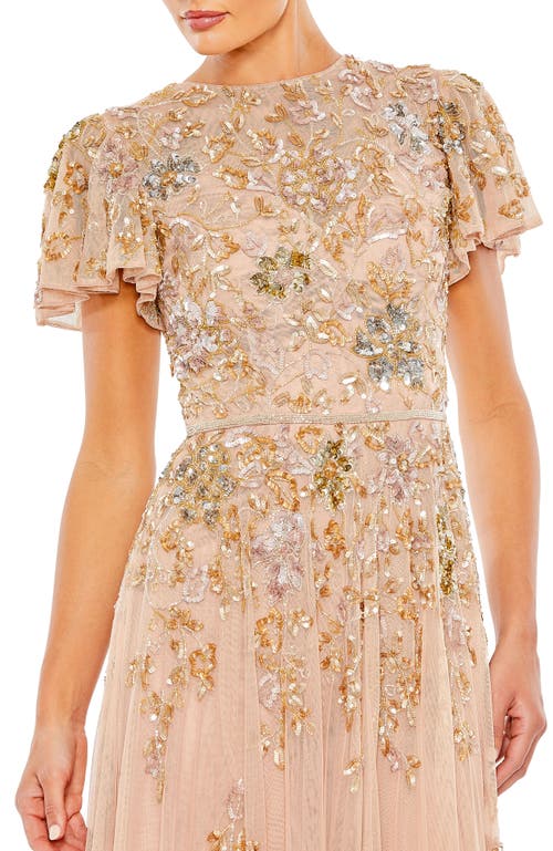Mac Duggal Embellished Butterfly Sleeve High Neck Gown In Neutral