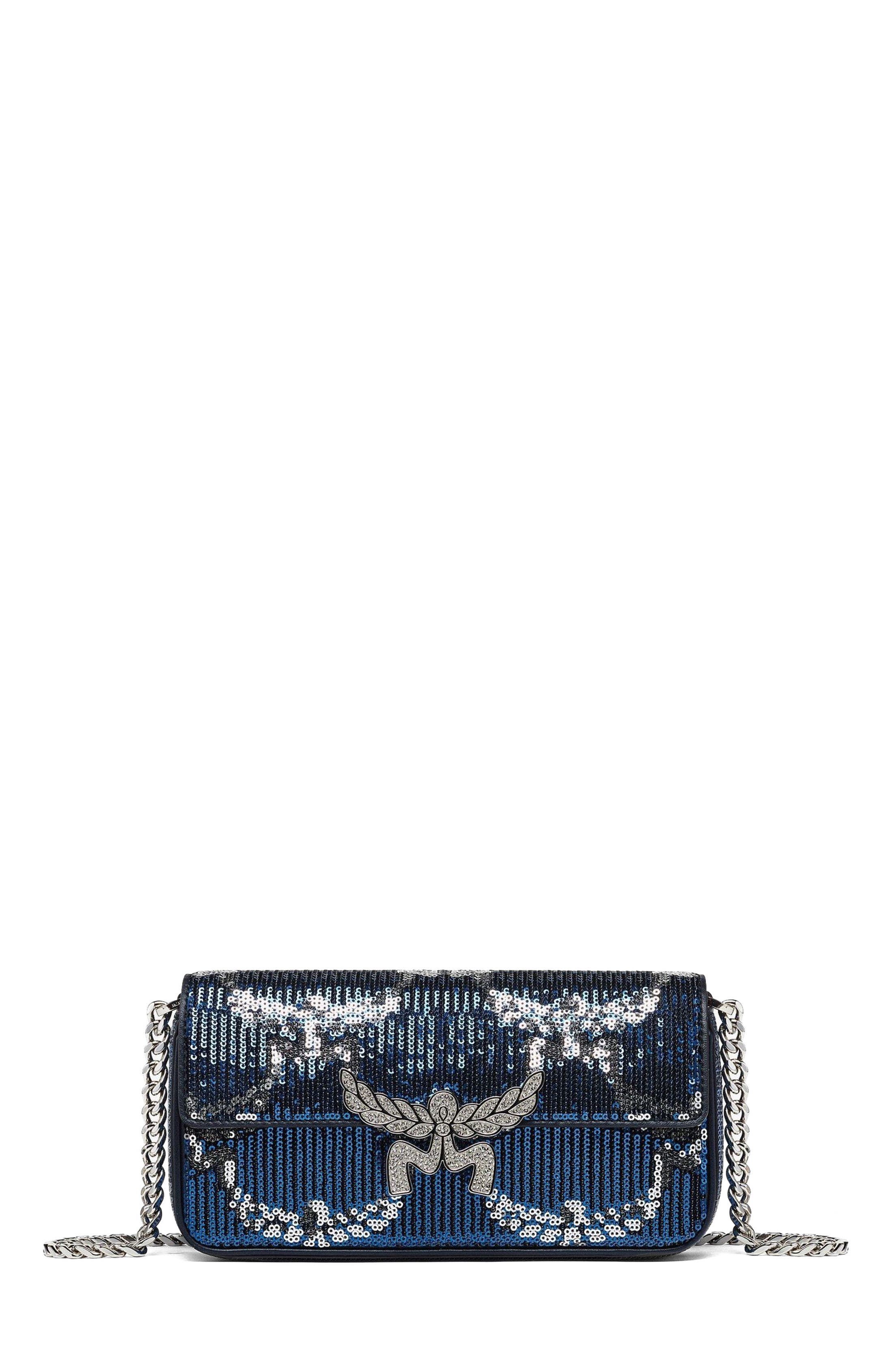 Himmel Shoulder Bag in Sequin Monogram Leather, Main, color, blue