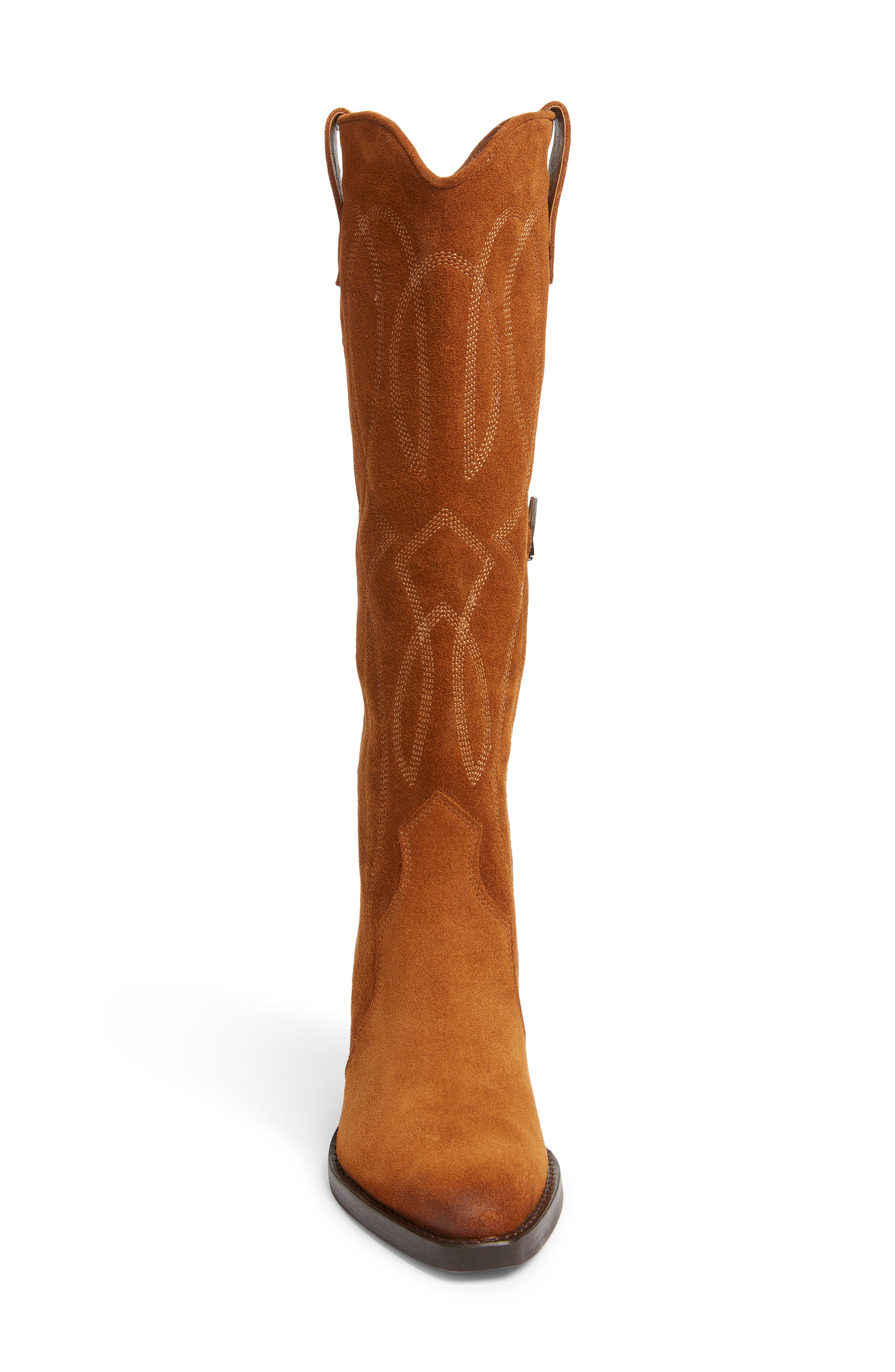 Klancy Knee High Western Boot, Alternate, color, COGNAC SUEDE