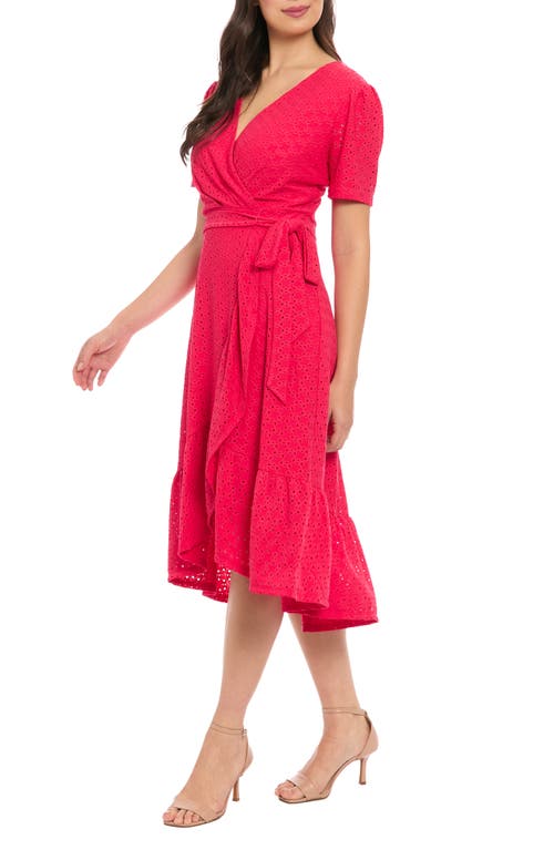 London Times Stretch Eyelet Short Sleeve Ruffle Wrap Dress In Rose Red