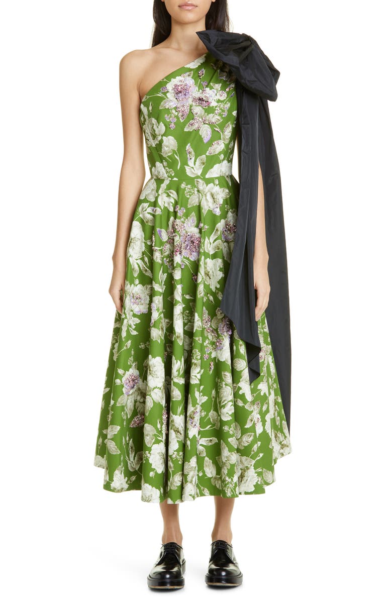 Erdem Johanne Jeweled Floral Print One-Shoulder Midi Dress with Bow, Main, color, 