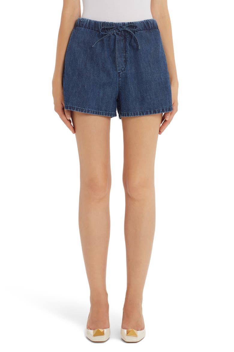 Valentino V Logo Cotton Chambray Shorts, Main, color, MEDIUM BLUE DENIM 558