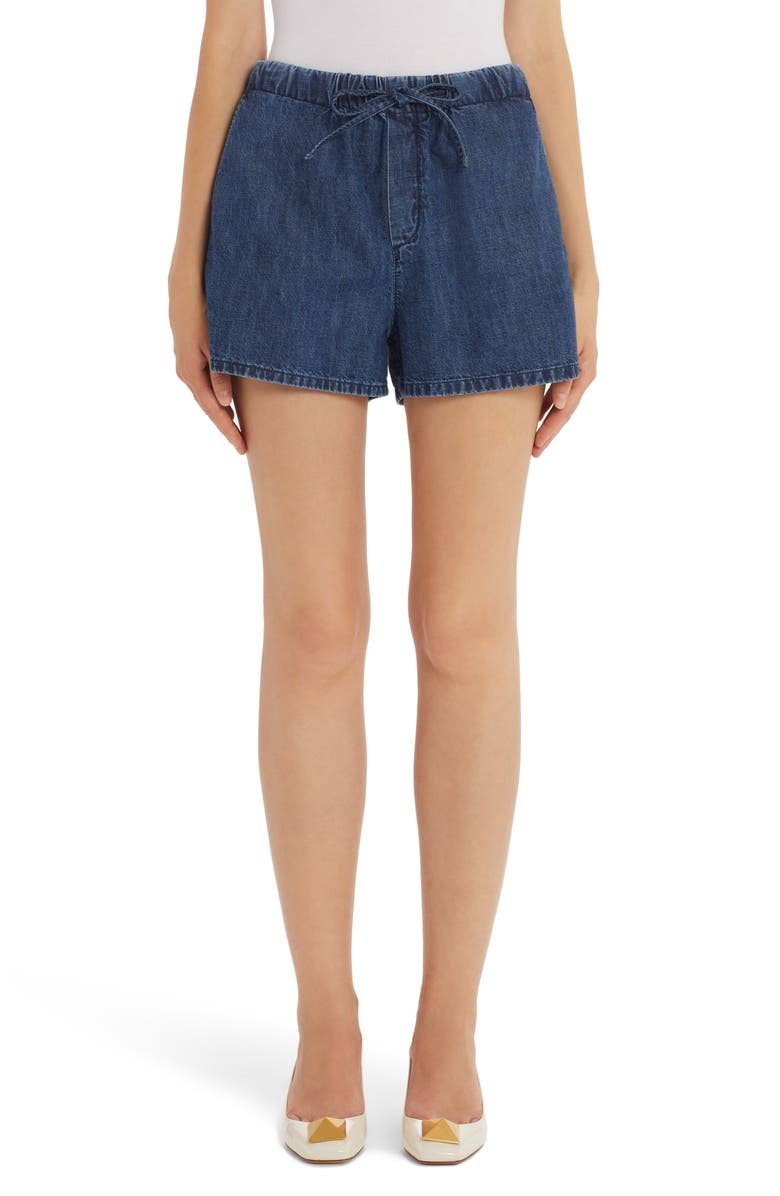 Valentino Garavani Valentino V Logo Cotton Chambray Shorts, Main, color, 