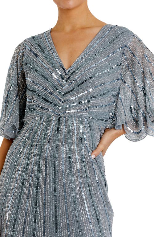 Mac Duggal Sequined V Neck Cape Sleeve Column Gown In Slate Blue