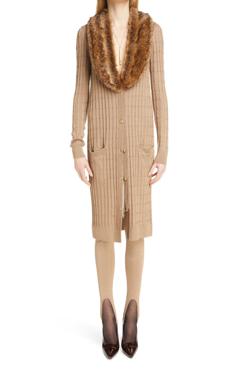 Saint Laurent Cable Knit Cardigan Long Sleeve Sweater Dress with Faux Fur Trim, Main, color, 