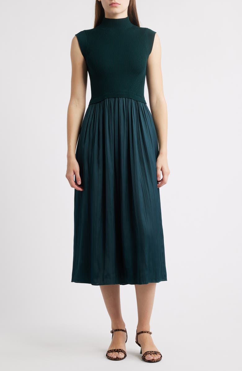 Vince Camuto Mixed Media Midi Dress, Main, color, Hunter