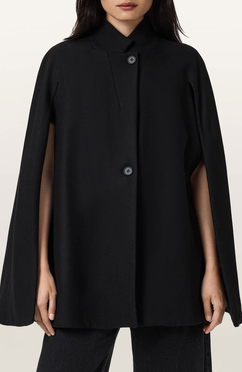 AllSaints Lunis Wool Blend Cape Coat, Main, color, Black
