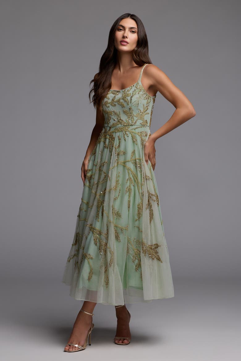 Spaghetti Strap Floral Hand Beaded Midi Dress, Alternate, color, Seafoam Gold