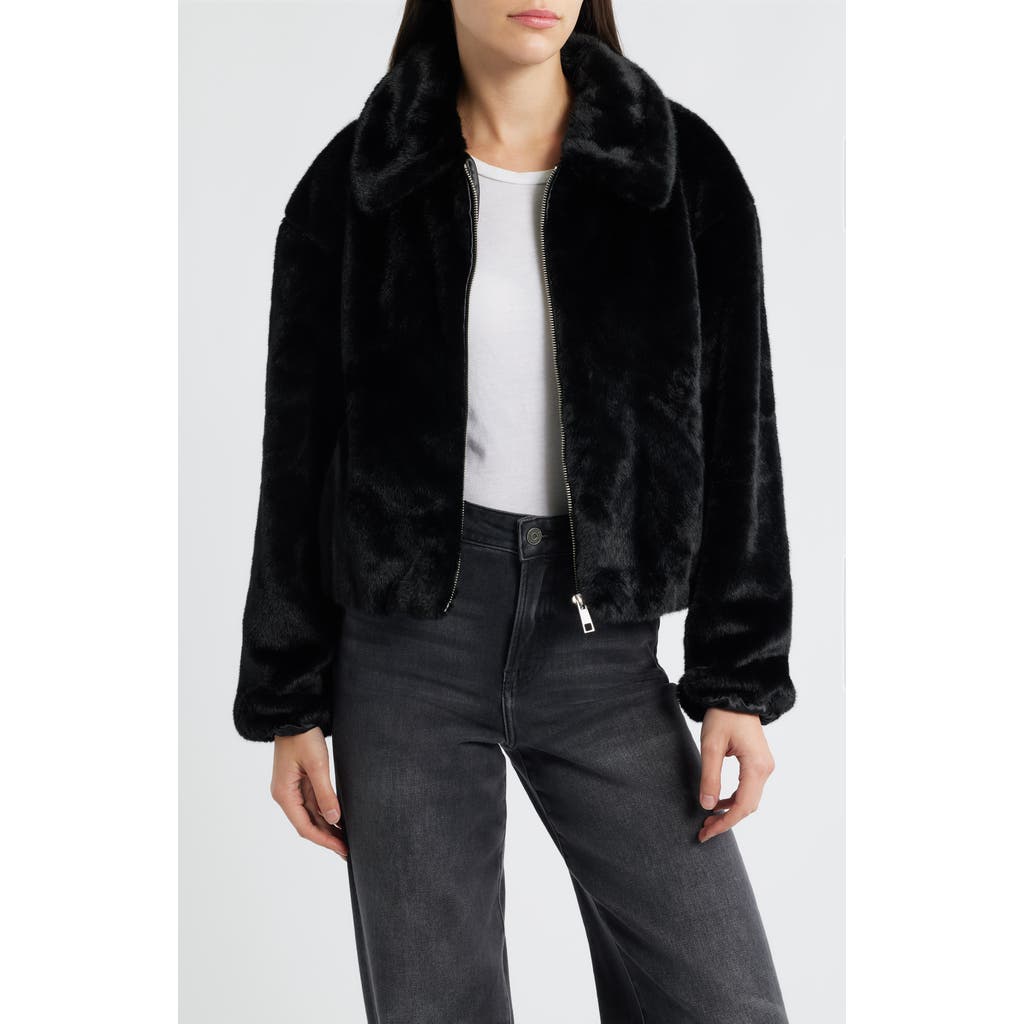 Cece Front Zip Crop Faux Fur Jacket In Black