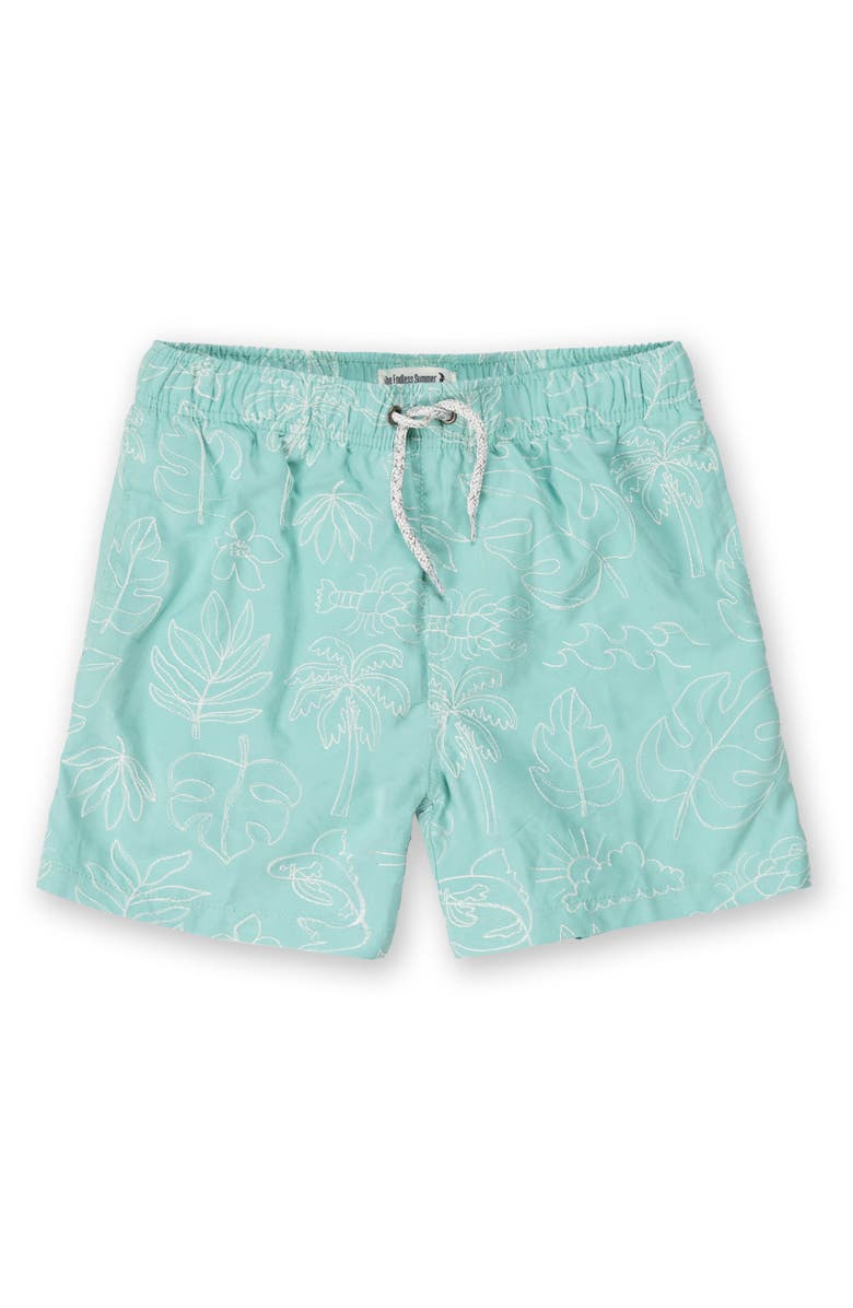 THE ENDLESS SUMMER Kids' Palm Embroidered Stretch Volley Swim Trunks, Main, color,