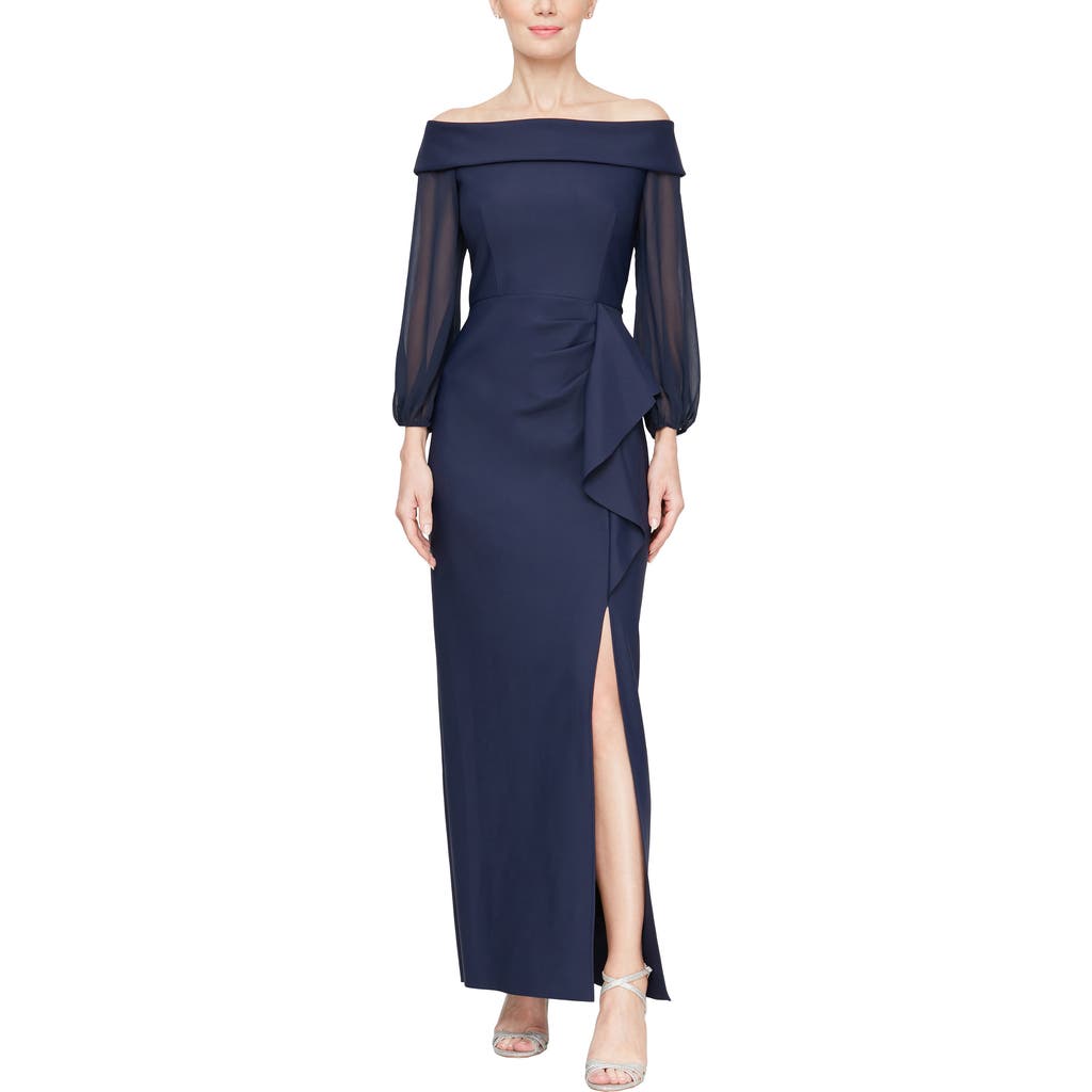 Alex Evenings Petite Off-the-shoulder Ruffle Gown In Navy