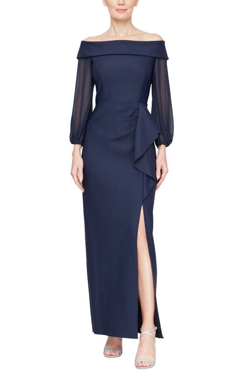 Alex Evenings Off the Shoulder Long Sleeve Gown in Navy 