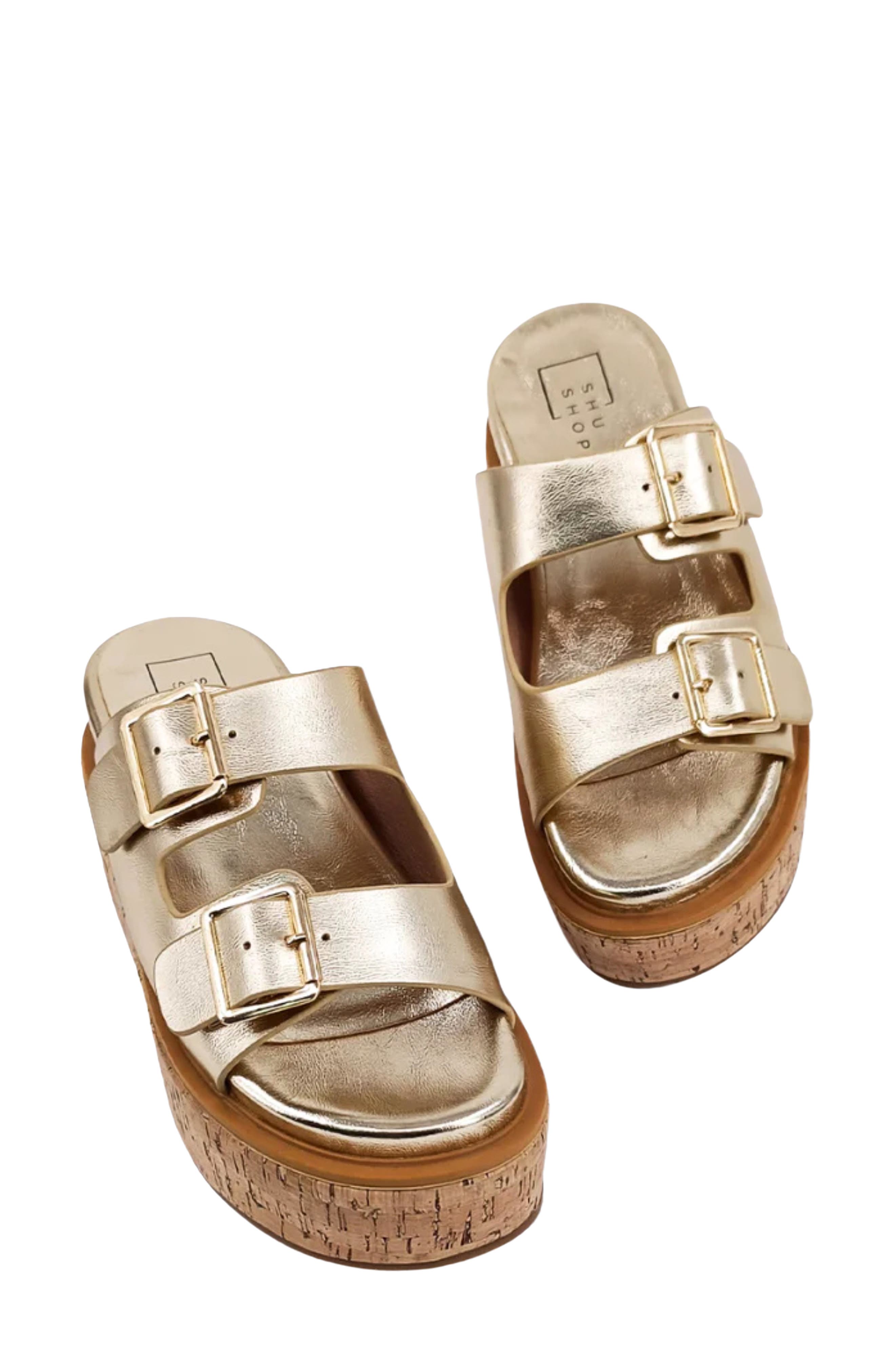 SHUSHOP Lucinda Platform Wedge Slide Sandal, Alternate, color, Gold