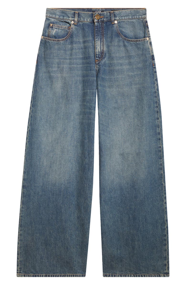 Balmain Wide Leg Jeans, Alternate, color, 6Ex Dark Blue/ Cognac