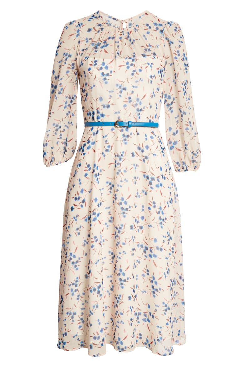 Floral Print Belted Midi Dress, Alternate, color, IVORY