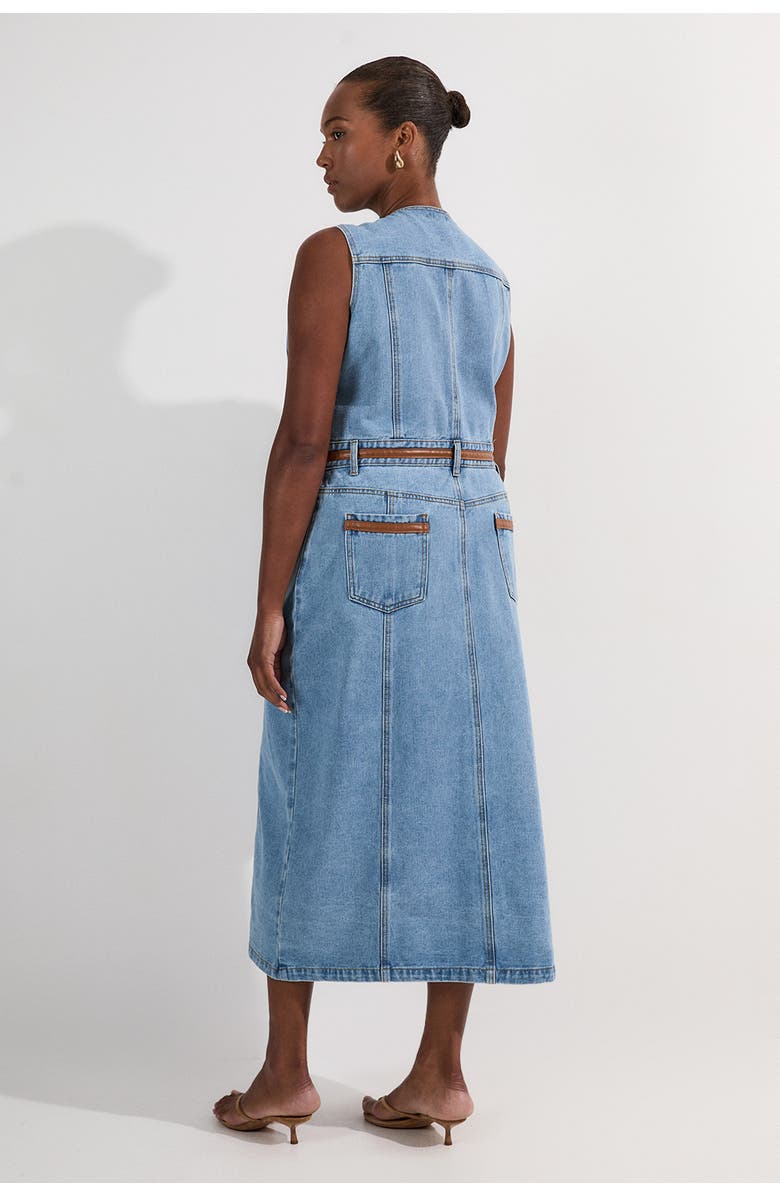 Karen Millen Tipping Sleeveless Midi Denim Dress, Alternate, color, Light Blue