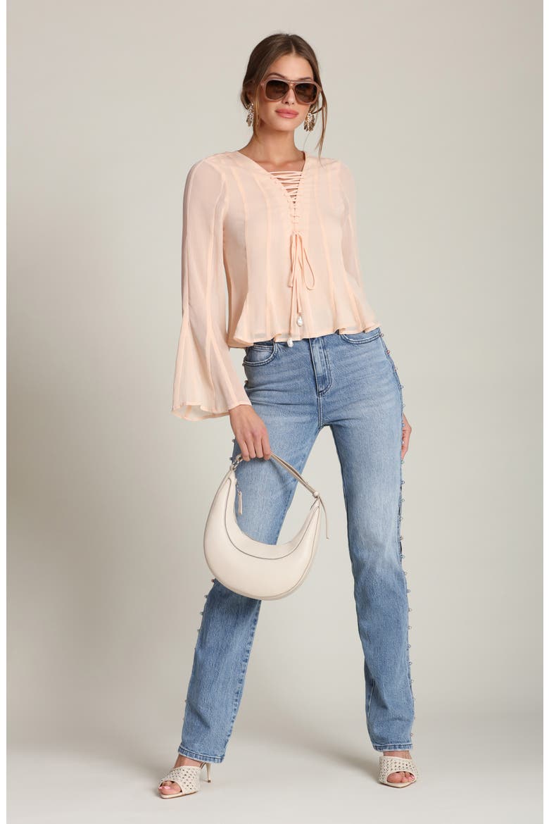 Lace-Up Front Godet Chiffon Top, Alternate, color, PEACH