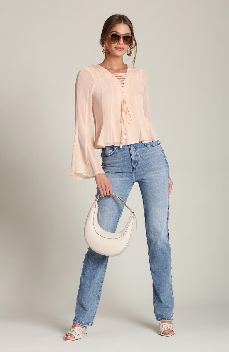 Avec Les Filles Lace-Up Front Godet Chiffon Top, Alternate, color, Peach