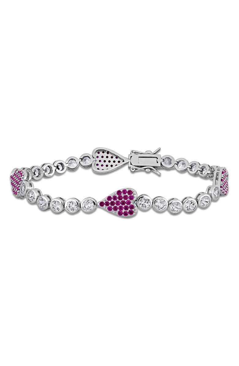 DELMAR Sterling Silver Lab Grown White Sapphire & Ruby Heart Bracelet, Main, color, Red