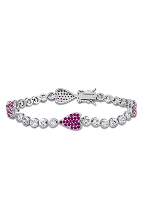 Sterling Silver Lab Grown White Sapphire & Ruby Heart Bracelet