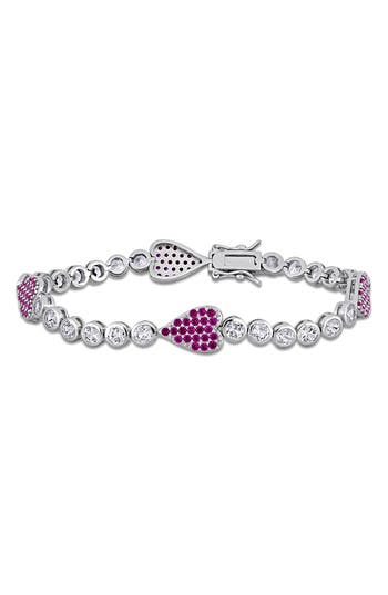 Delmar Sterling Silver Lab Grown White Sapphire & Ruby Heart Bracelet In Red