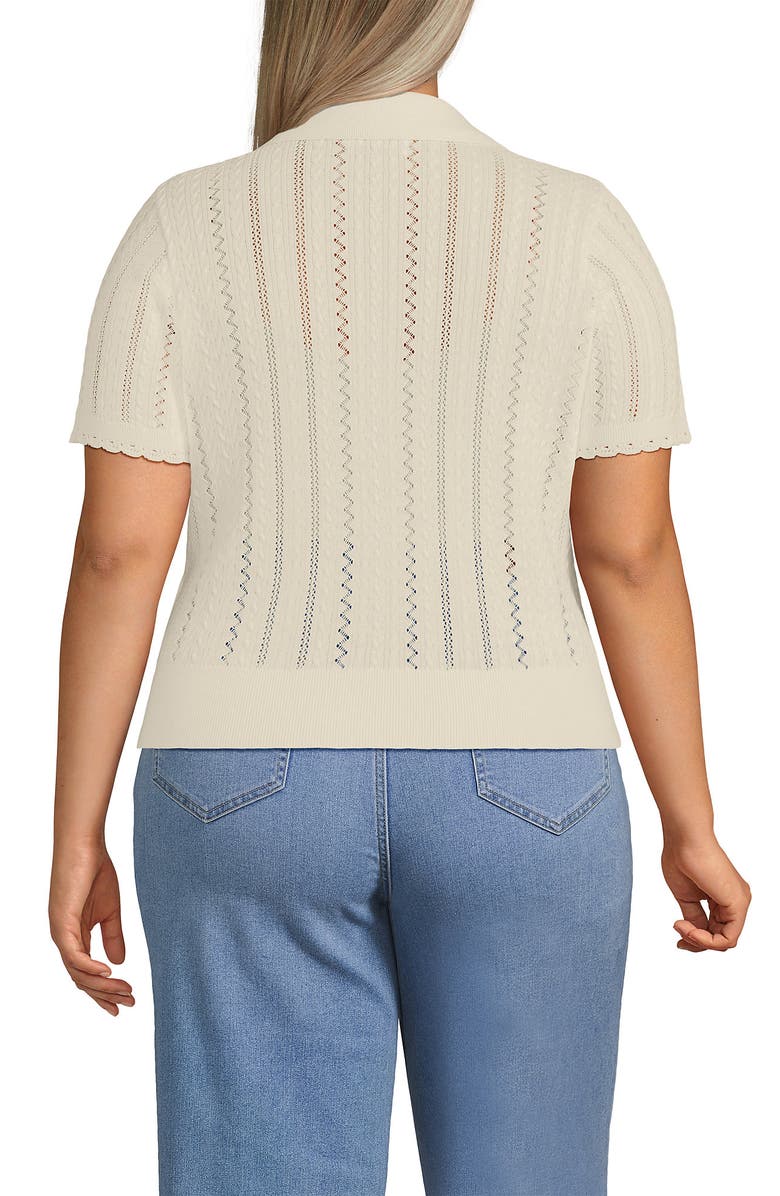 Lands' End Plus Size Fine Gauge Cotton Pointelle Polo Sweater, Alternate, color, Fresh Ivory