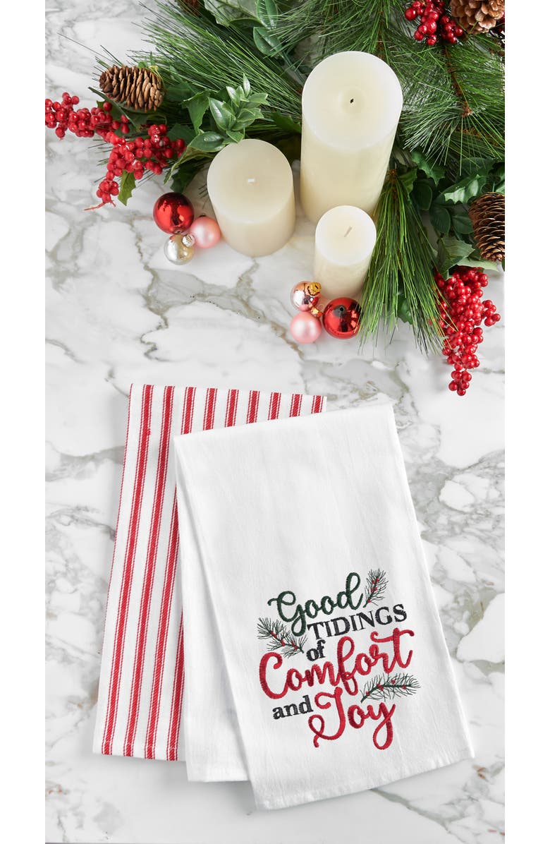 C&F Home "Good Tidings of Comfort & Joy" 100% Cotton Embroidered Flour Sack Christmas Dishtowel, Alternate, color, Red