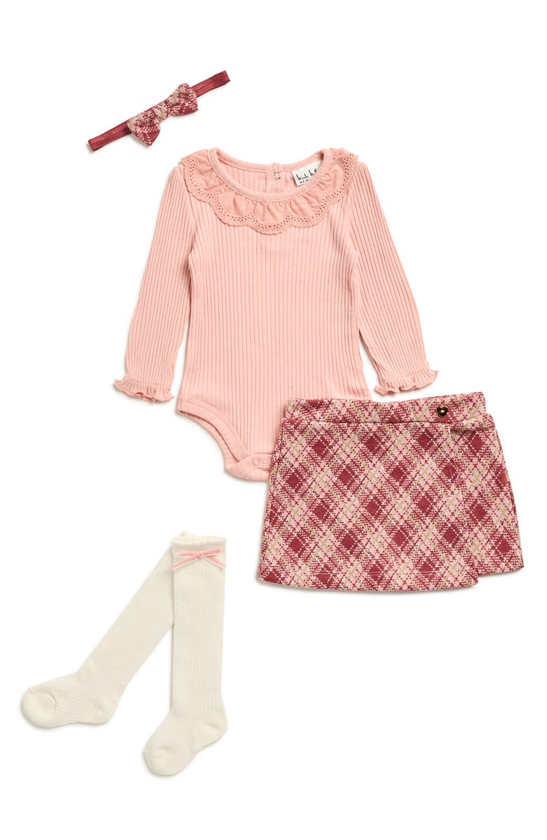 Nicole Miller Ribbed Bodysuit, Plaid Skirt, Headband & Socks Set, Main, color, Mellow Rose