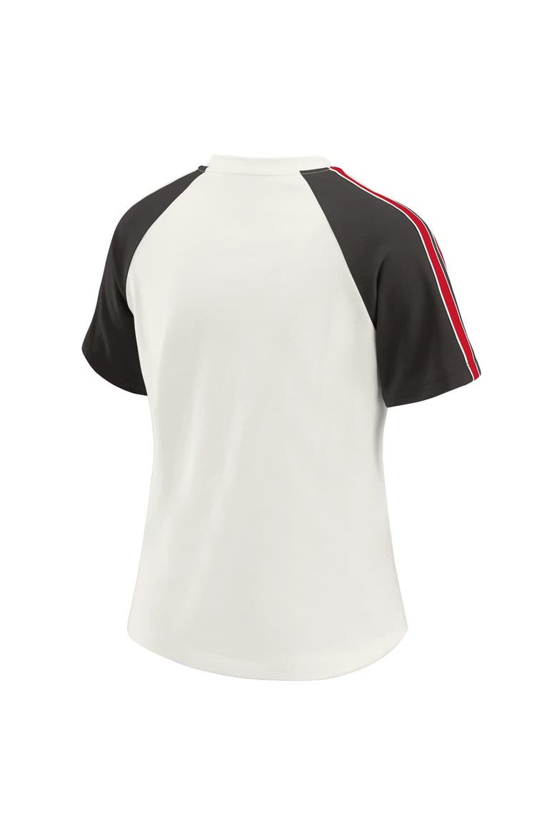 Women's WEAR by Erin Andrews White Tampa Bay Buccaneers Sleeve Stripe Distressed Raglan T-Shirt, Alternate, color, White